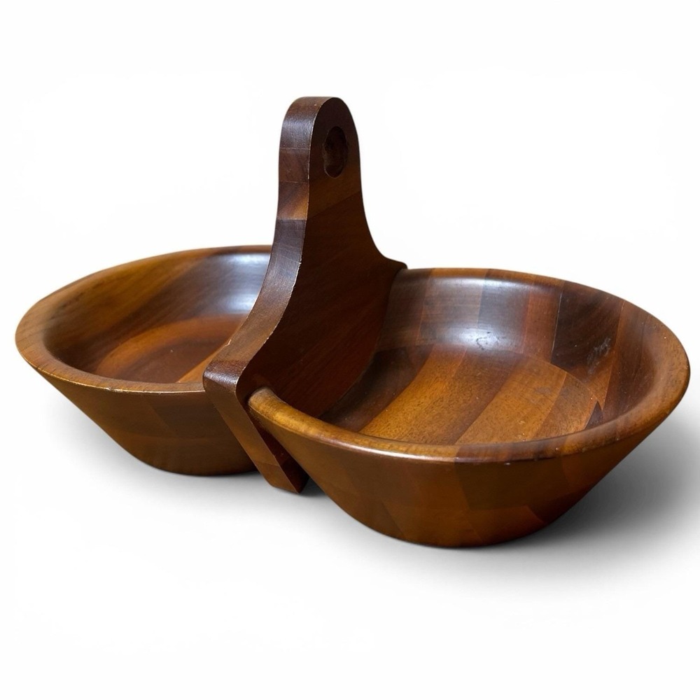 Vintage Black Walnut Handled Double Bowl Walnutware Ozark Native Wood Product